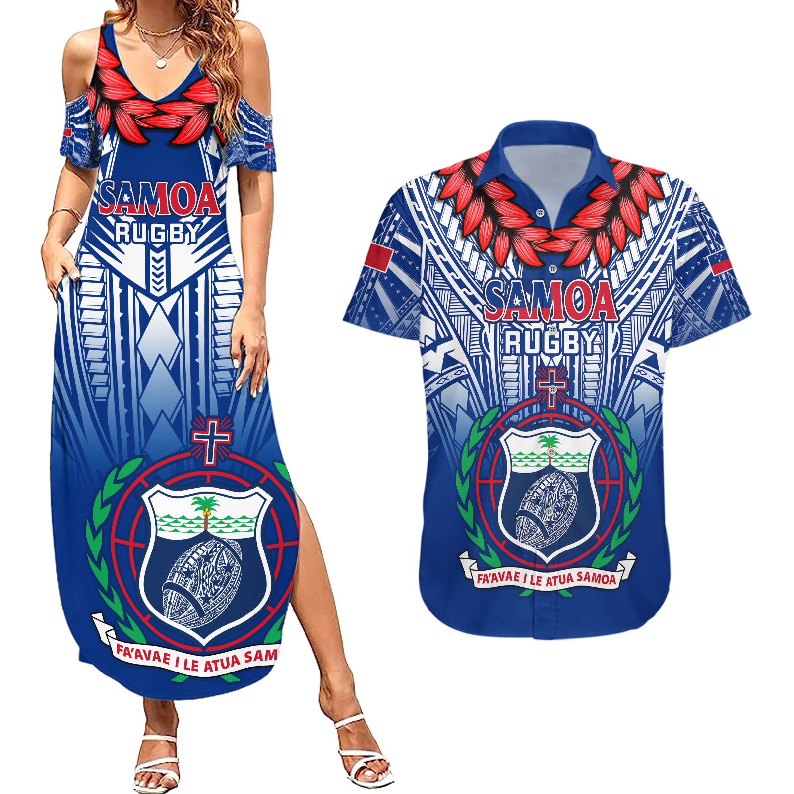 Samoa Rugby Couples Matching Summer Maxi Dress and Hawaiian Shirt 2023 Go Manu Samoa With Ula Fala Style - Wonder Print Shop