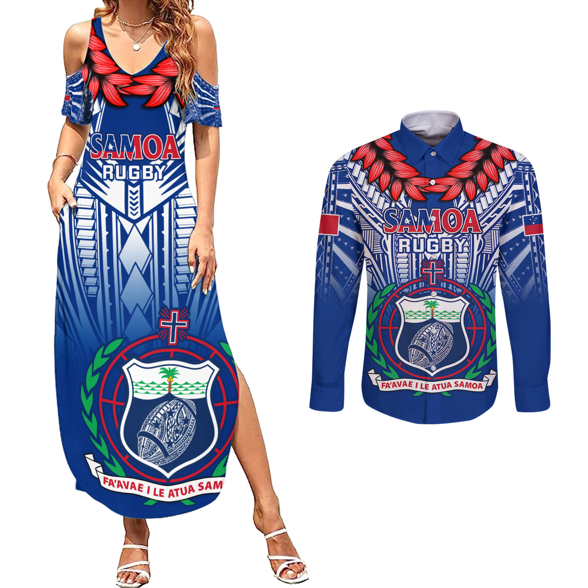 Samoa Rugby Couples Matching Summer Maxi Dress and Long Sleeve Button Shirts 2023 Go Manu Samoa With Ula Fala Style - Wonder Print Shop