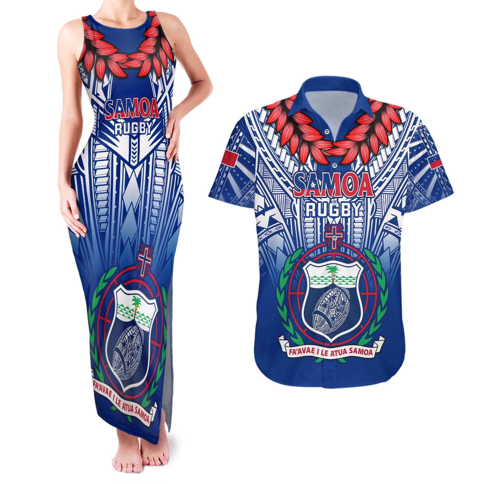 Samoa Rugby Couples Matching Tank Maxi Dress and Hawaiian Shirt 2023 Go Manu Samoa With Ula Fala Style - Wonder Print Shop