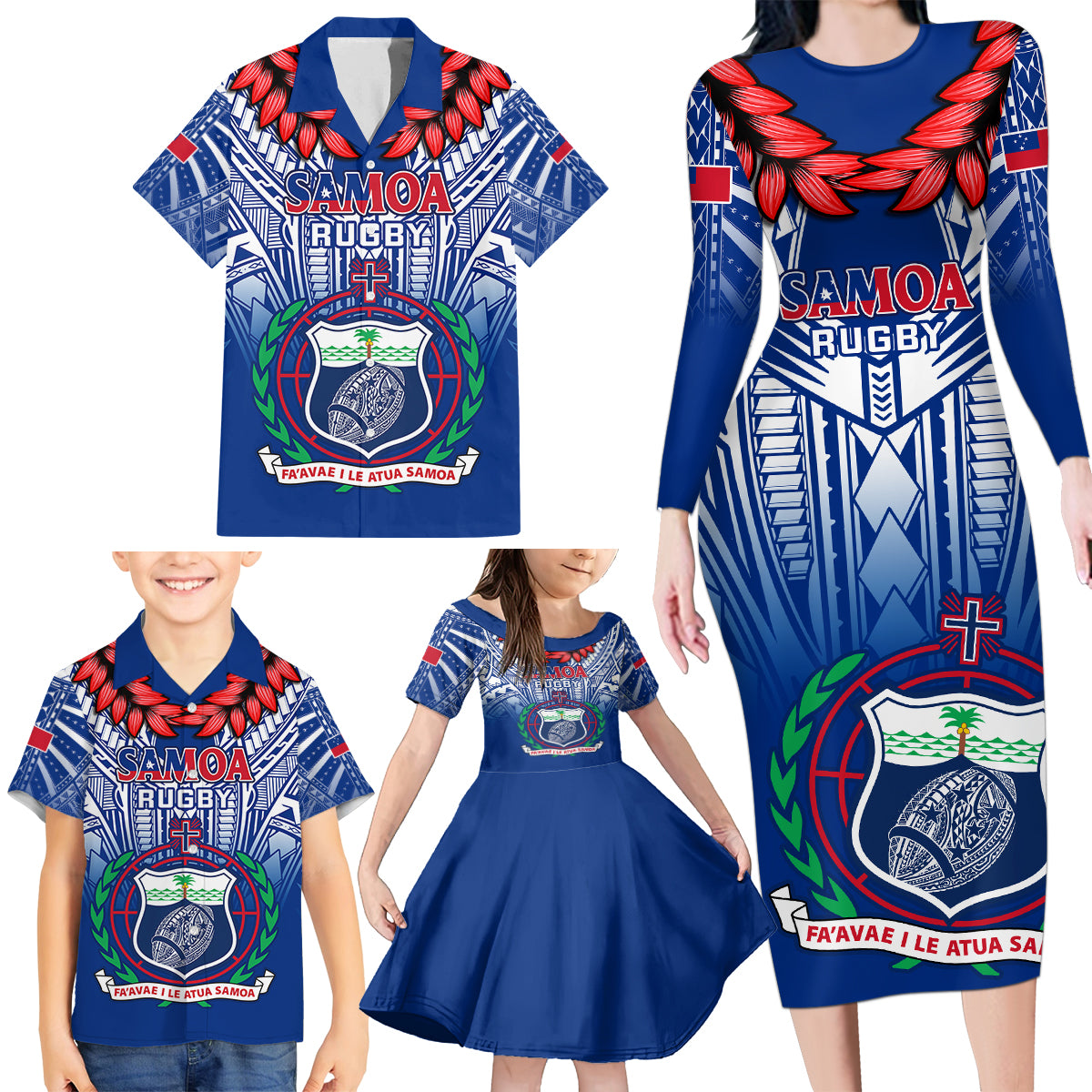 Samoa Rugby Family Matching Long Sleeve Bodycon Dress and Hawaiian Shirt 2023 Go Manu Samoa With Ula Fala Style - Wonder Print Shop