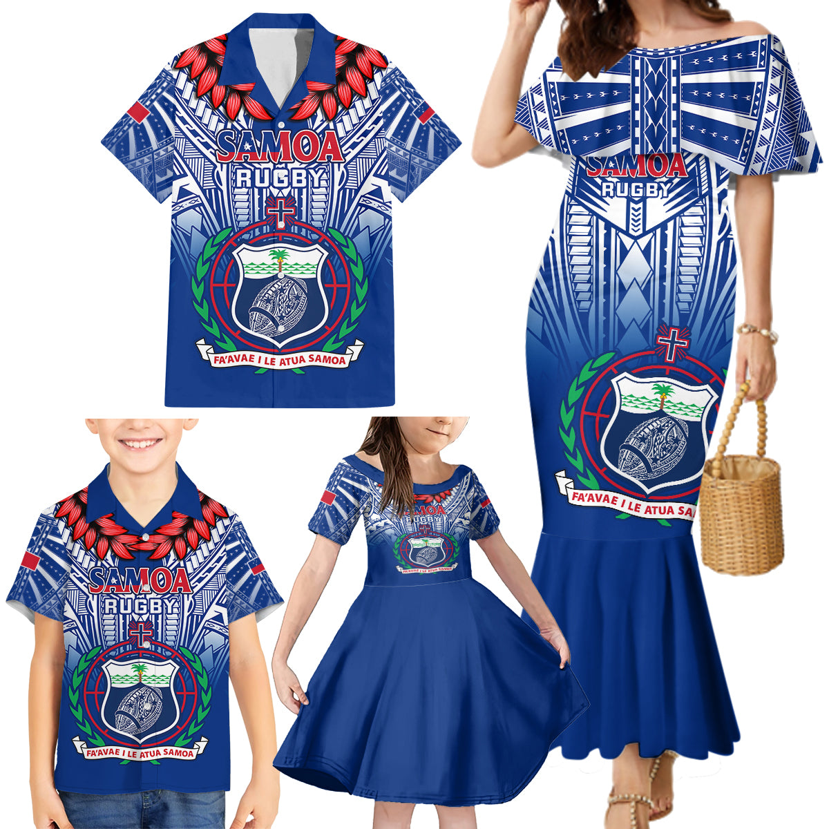 Samoa Rugby Family Matching Mermaid Dress and Hawaiian Shirt 2023 Go Manu Samoa With Ula Fala Style - Wonder Print Shop