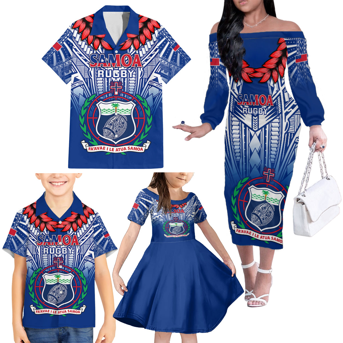 Samoa Rugby Family Matching Off Shoulder Long Sleeve Dress and Hawaiian Shirt 2023 Go Manu Samoa With Ula Fala Style - Wonder Print Shop