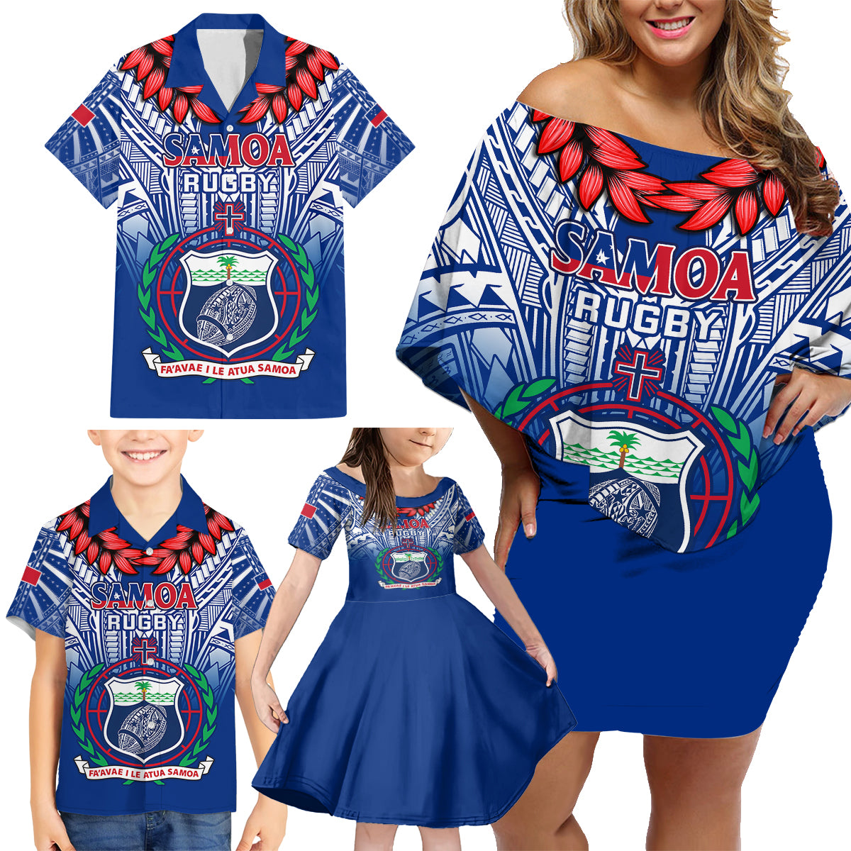 Samoa Rugby Family Matching Off Shoulder Short Dress and Hawaiian Shirt 2023 Go Manu Samoa With Ula Fala Style - Wonder Print Shop