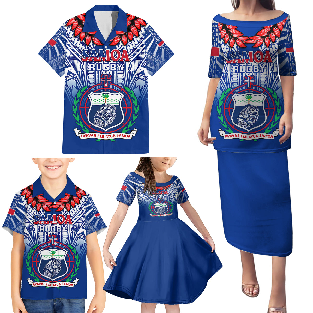 Samoa Rugby Family Matching Puletasi Dress and Hawaiian Shirt 2023 Go Manu Samoa With Ula Fala Style - Wonder Print Shop