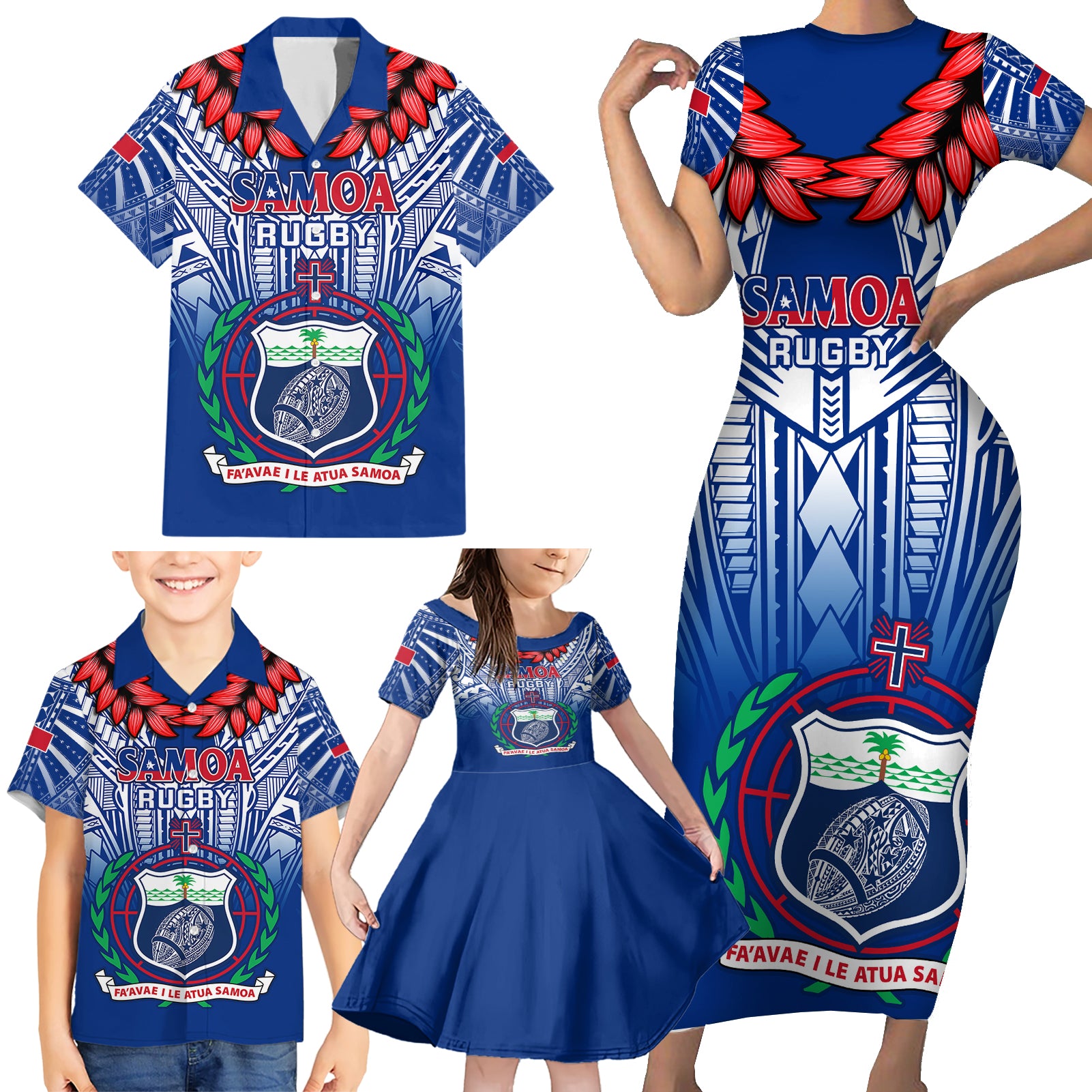 Samoa Rugby Family Matching Short Sleeve Bodycon Dress and Hawaiian Shirt 2023 Go Manu Samoa With Ula Fala Style - Wonder Print Shop