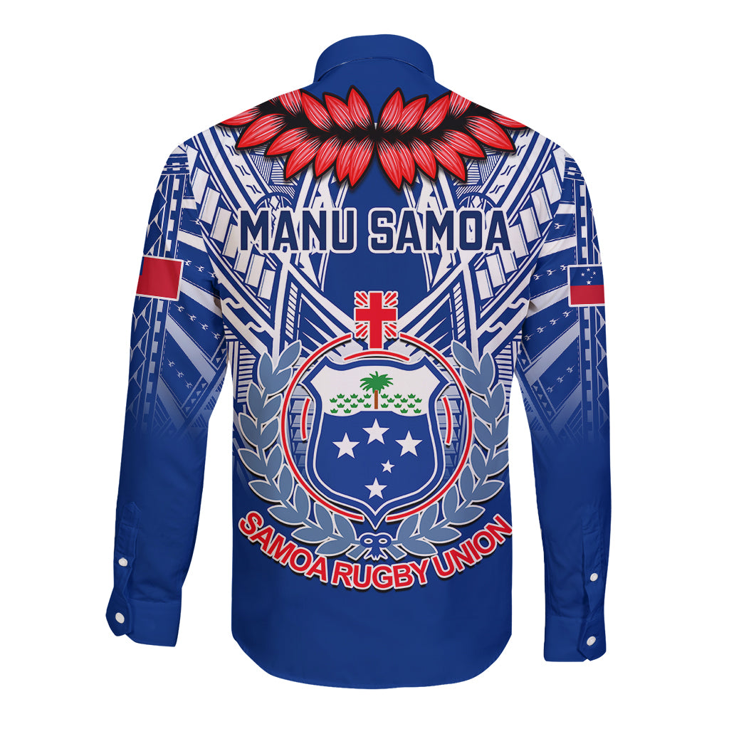 Blue long-sleeve rugby button shirt with 'Manu Samoa' text and large back crest