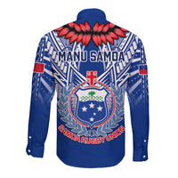Blue long-sleeve rugby button shirt with 'Manu Samoa' text and large back crest