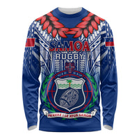 Blue long-sleeve rugby shirt with Samoa crest and red leaf graphic