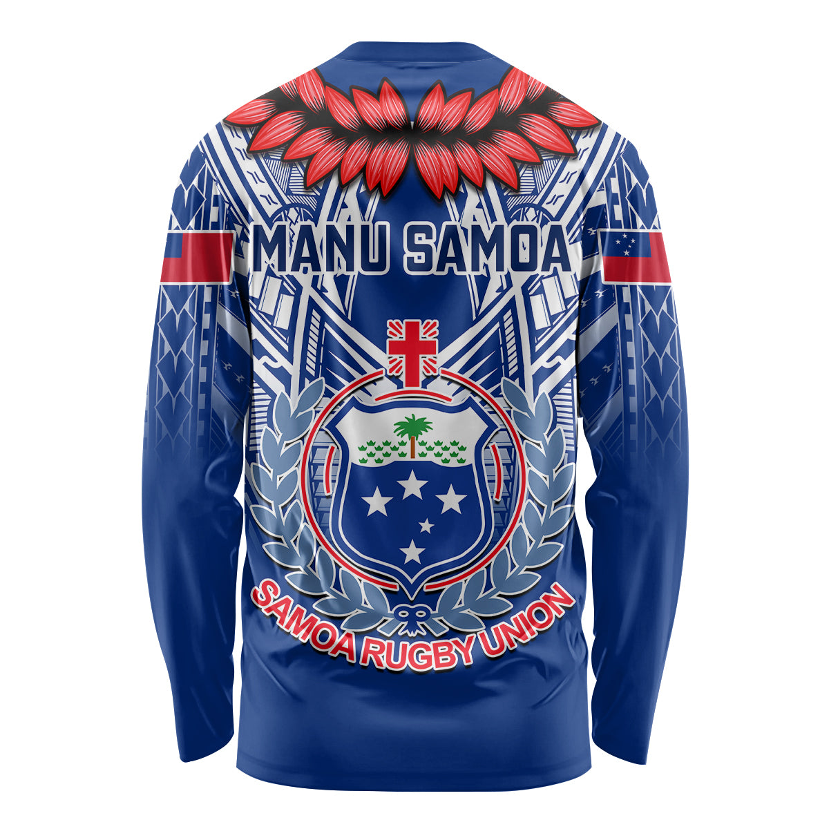 Blue long-sleeve rugby shirt with 'Manu Samoa' text and circular crest graphic