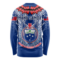 Blue long-sleeve rugby shirt with 'Manu Samoa' text and circular crest graphic
