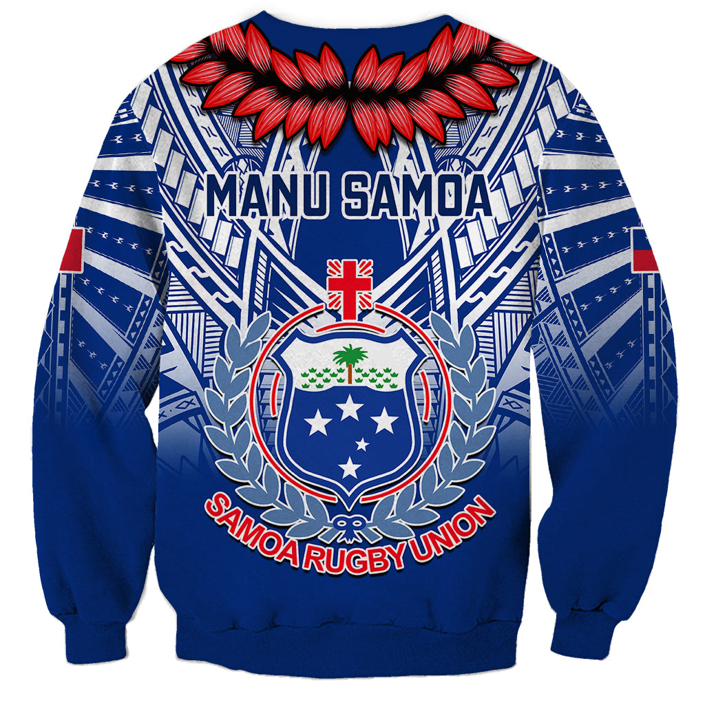 Blue crewneck rugby sweatshirt with 'MANU SAMOA' back text and red laurel crest
