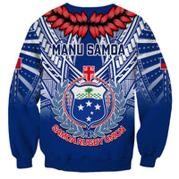 Blue crewneck rugby sweatshirt with 'MANU SAMOA' back text and red laurel crest