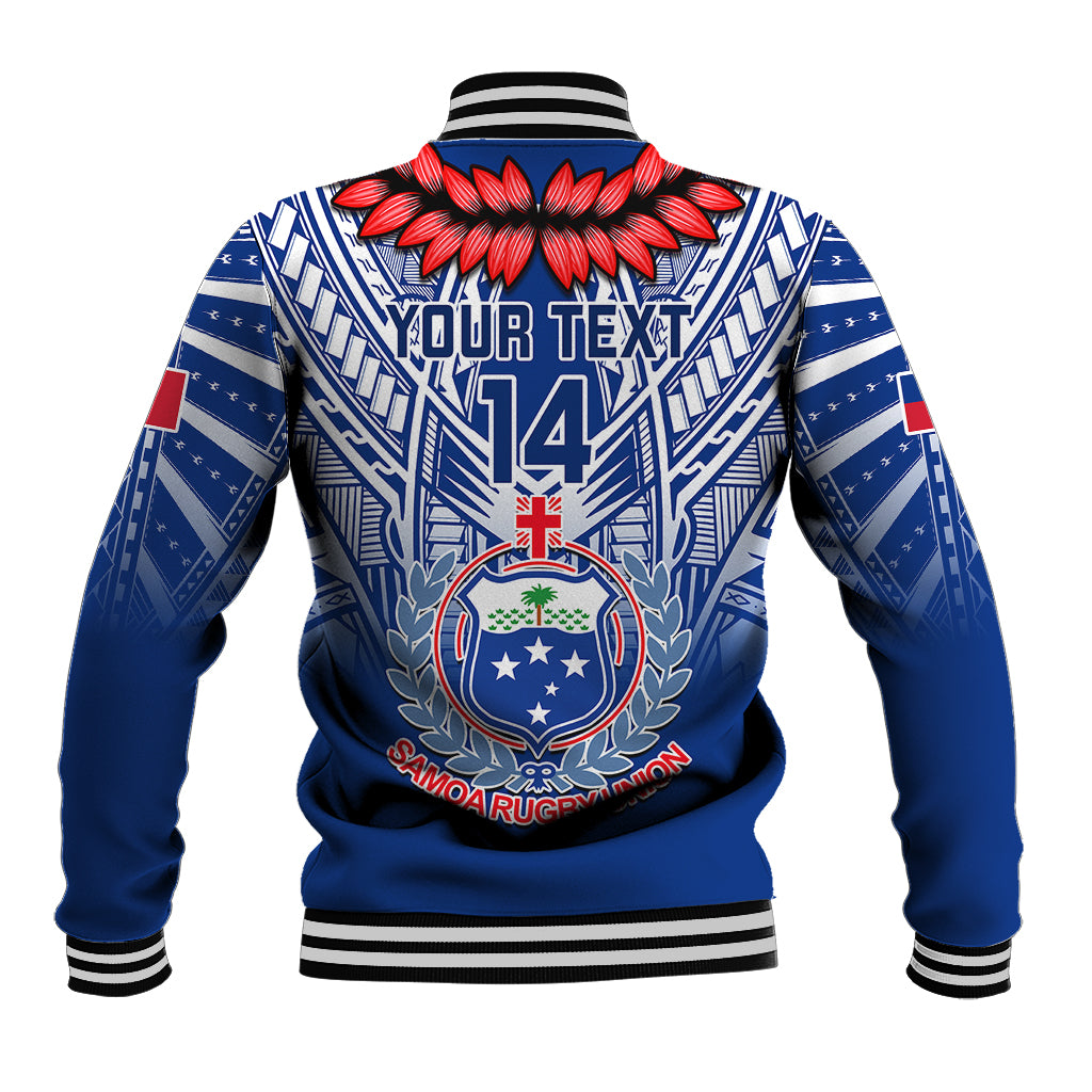 Blue rugby baseball jacket back with Samoa crest, '14' and striped ribbed collar