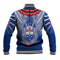 Blue rugby baseball jacket back with Samoa crest, '14' and striped ribbed collar