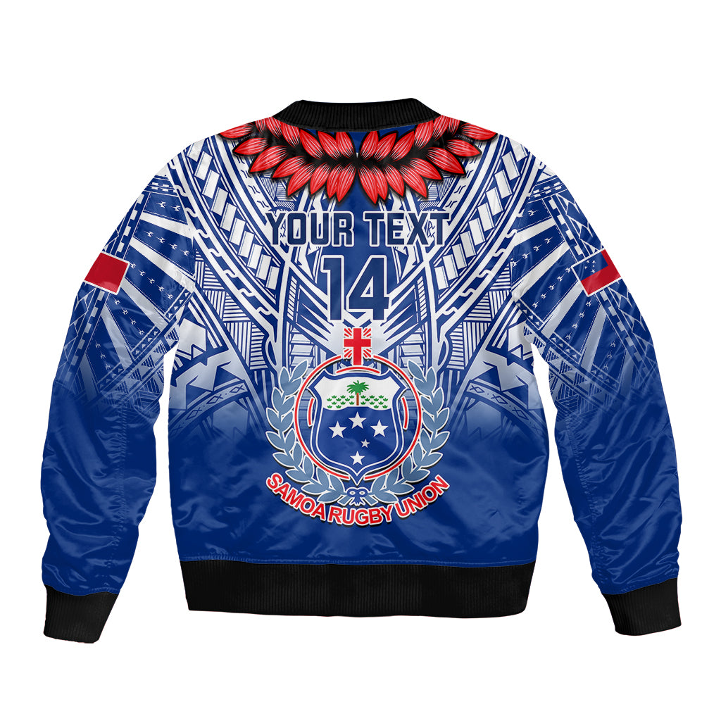 Blue rugby bomber jacket with custom back text and large crest, black ribbed hem
