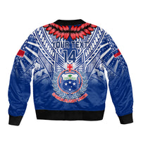 Blue rugby bomber jacket with custom back text and large crest, black ribbed hem
