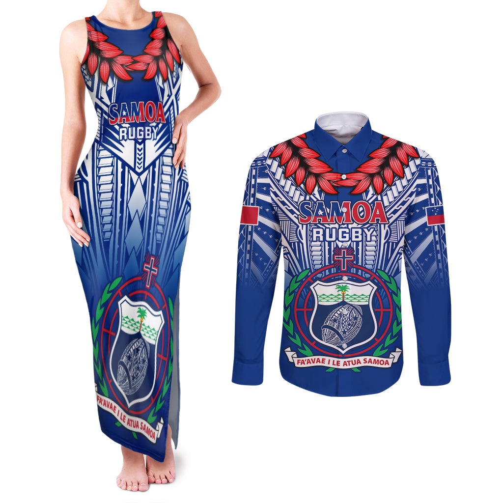 Custom Samoa Rugby Couples Matching Tank Maxi Dress and Long Sleeve Button Shirts 2023 Go Manu Samoa With Ula Fala Style - Wonder Print Shop