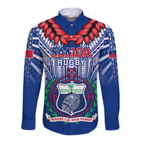 Blue long-sleeve rugby button shirt with Samoa graphic crest and red leaf pattern