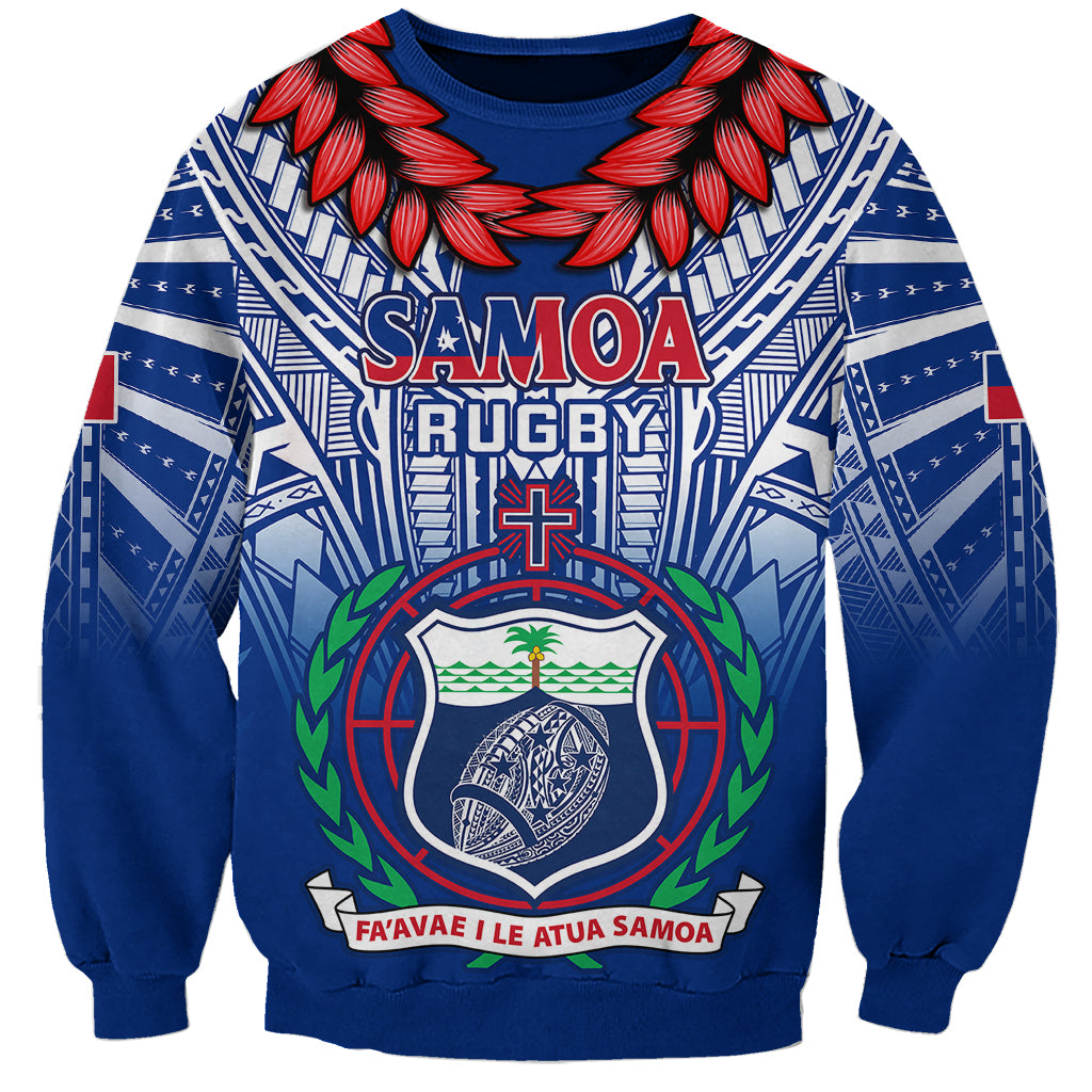 Blue Samoa rugby sweatshirt with red leaf collar and large front crest graphic