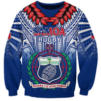 Blue Samoa rugby sweatshirt with red leaf collar and large front crest graphic