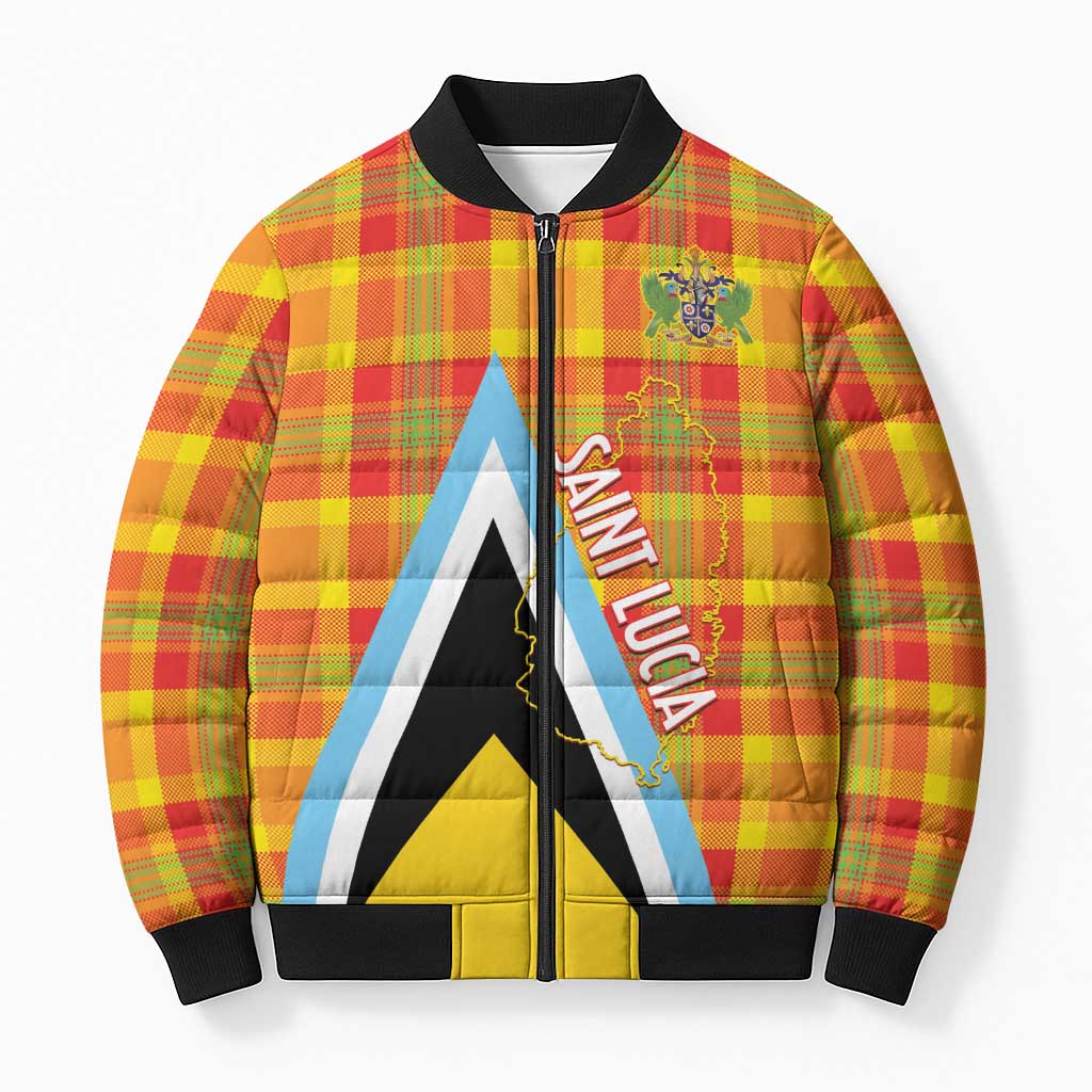 Saint Lucia Creole Day Bomber Puffer Jacket Bon Fete Jounen Kweyol Madras Pattern - Wonder Print Shop
