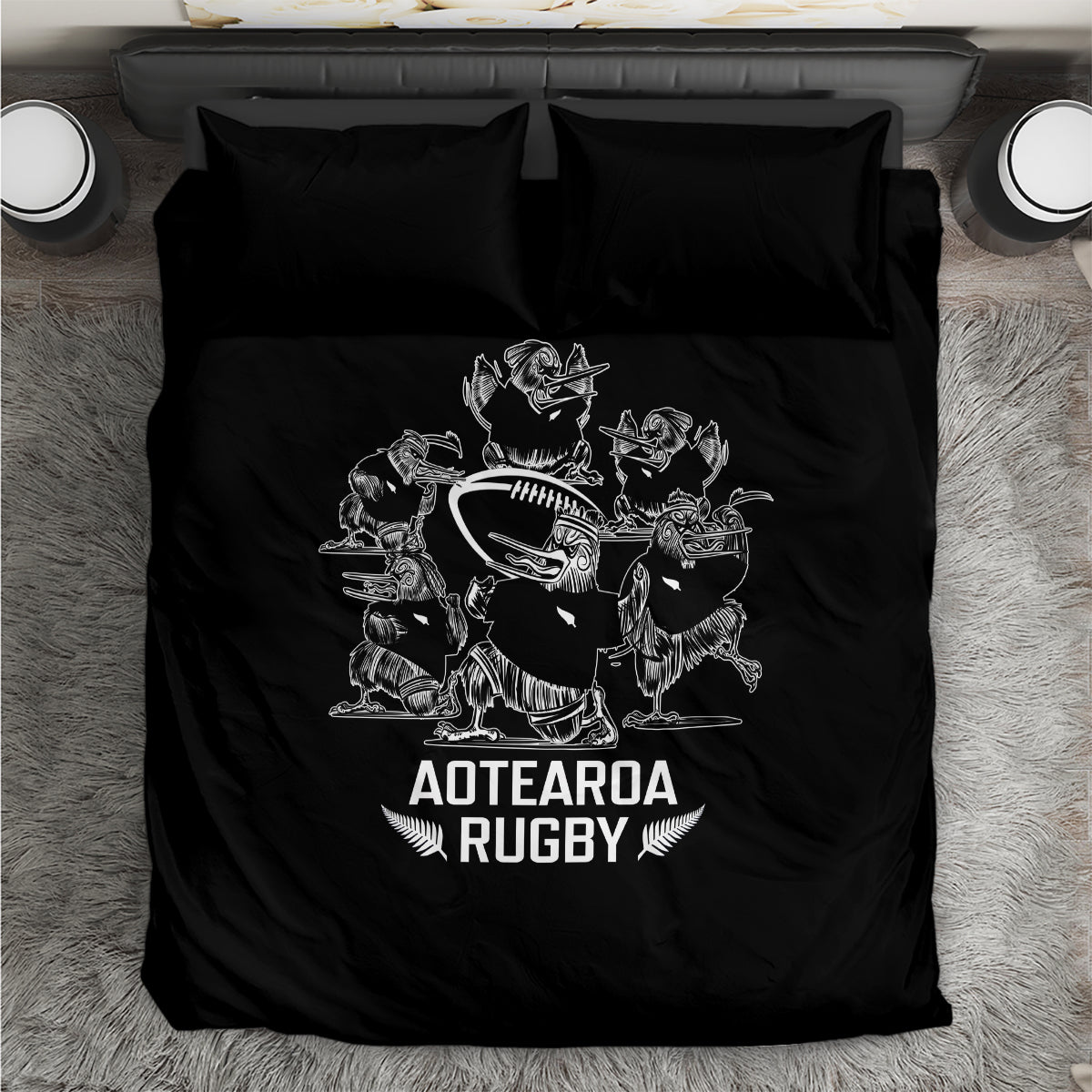 Black rugby bedding set with silver fern haka-themed graphic and matching pillowcases