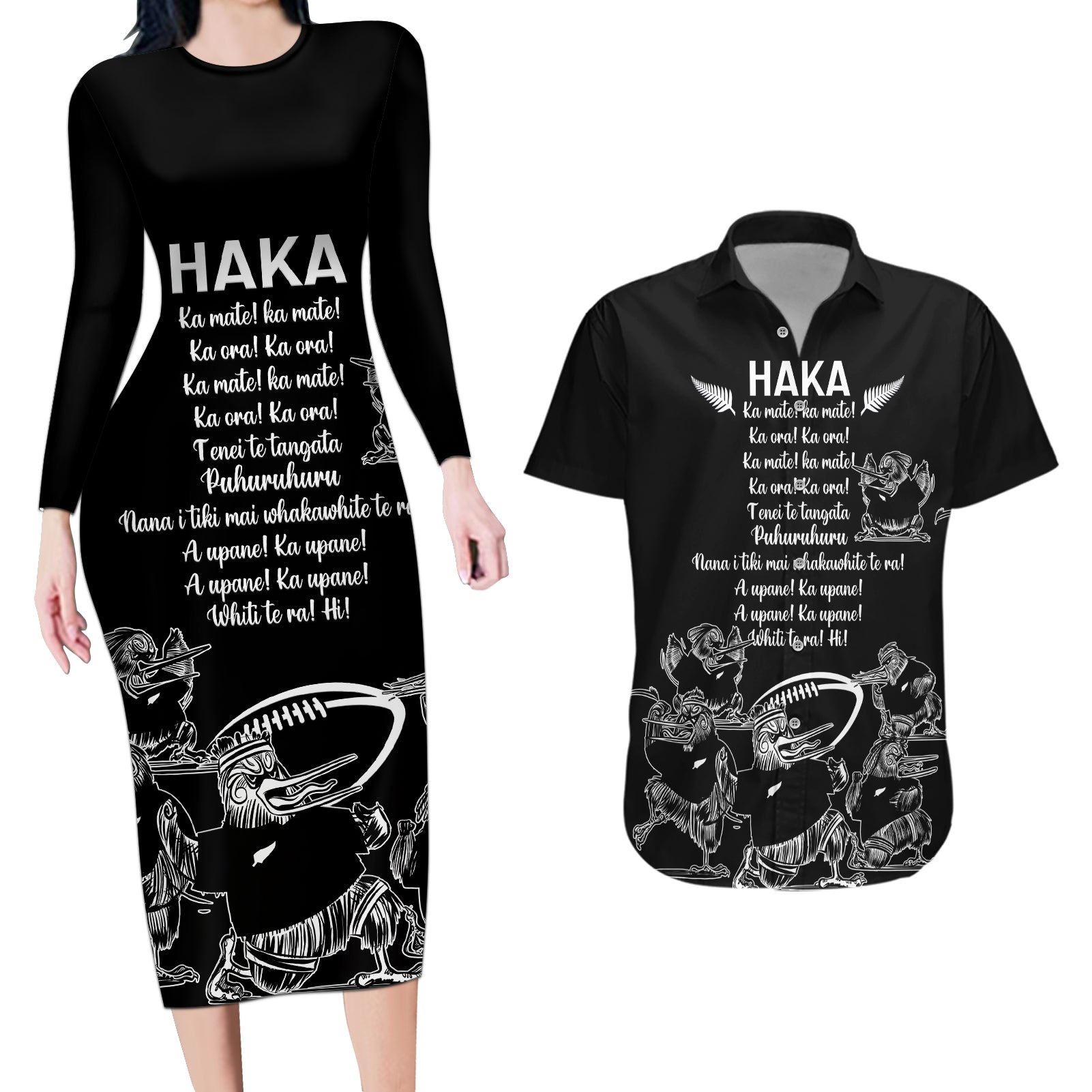 New Zealand Silver Fern Rugby Couples Matching Long Sleeve Bodycon Dress and Hawaiian Shirt Haka Aotearoa Kiwi Dance - Wonder Print Shop