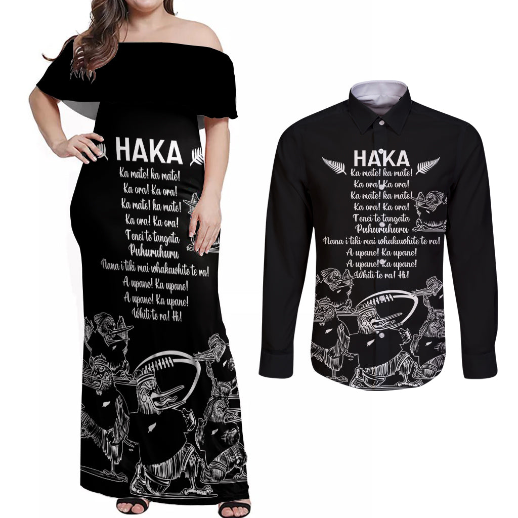 New Zealand Silver Fern Rugby Couples Matching Off Shoulder Maxi Dress and Long Sleeve Button Shirt Haka Aotearoa Kiwi Dance - Wonder Print Shop