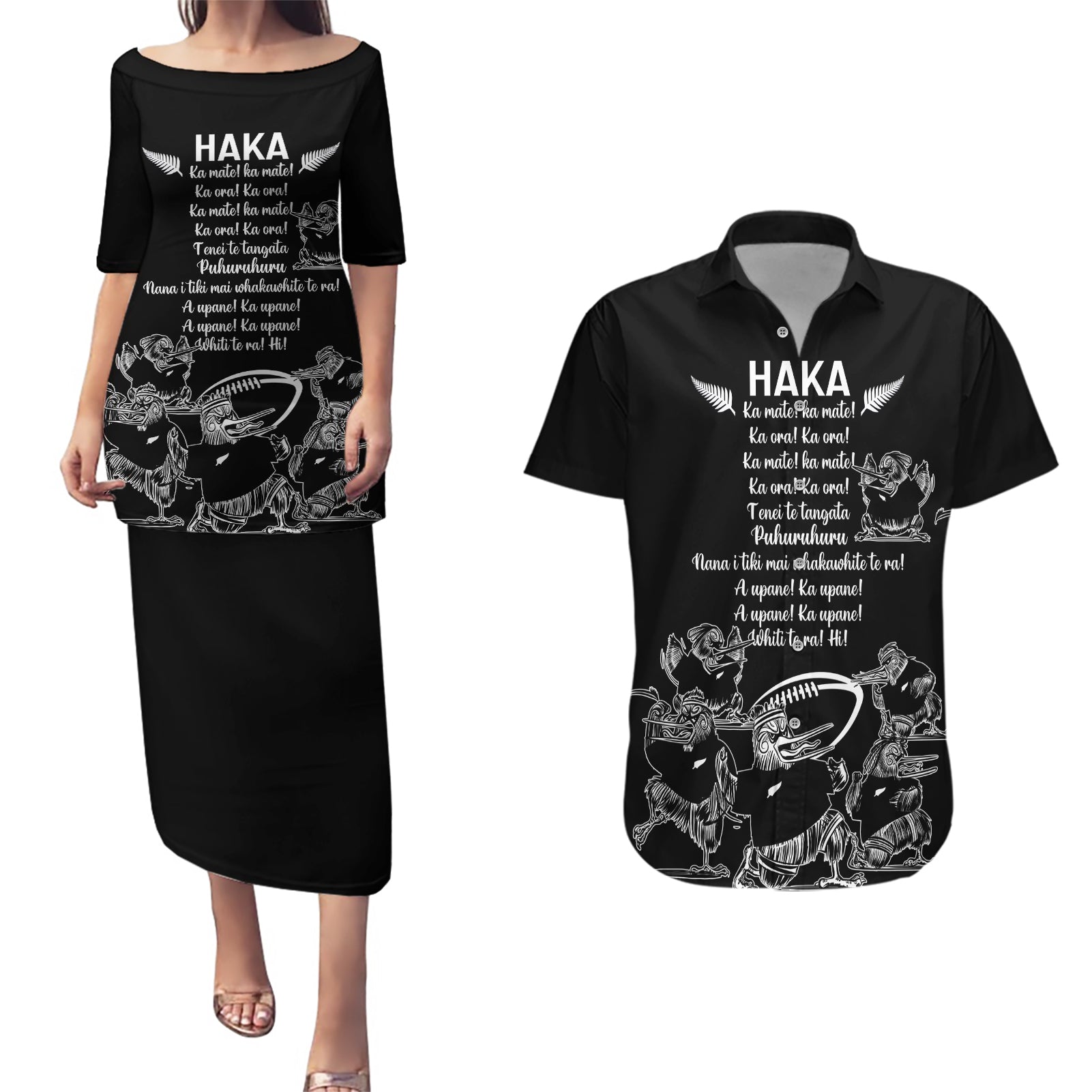 New Zealand Silver Fern Rugby Couples Matching Puletasi Dress and Hawaiian Shirt Haka Aotearoa Kiwi Dance - Wonder Print Shop