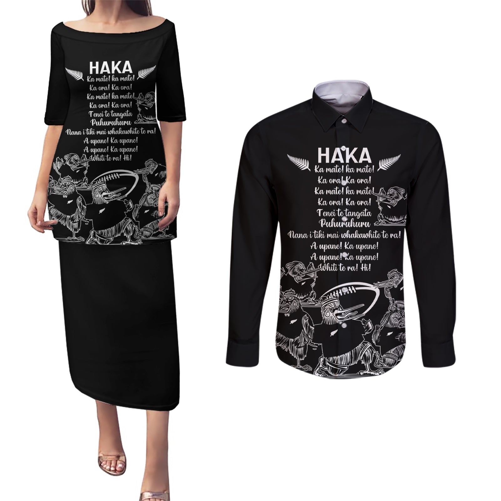 New Zealand Silver Fern Rugby Couples Matching Puletasi Dress and Long Sleeve Button Shirt Haka Aotearoa Kiwi Dance - Wonder Print Shop