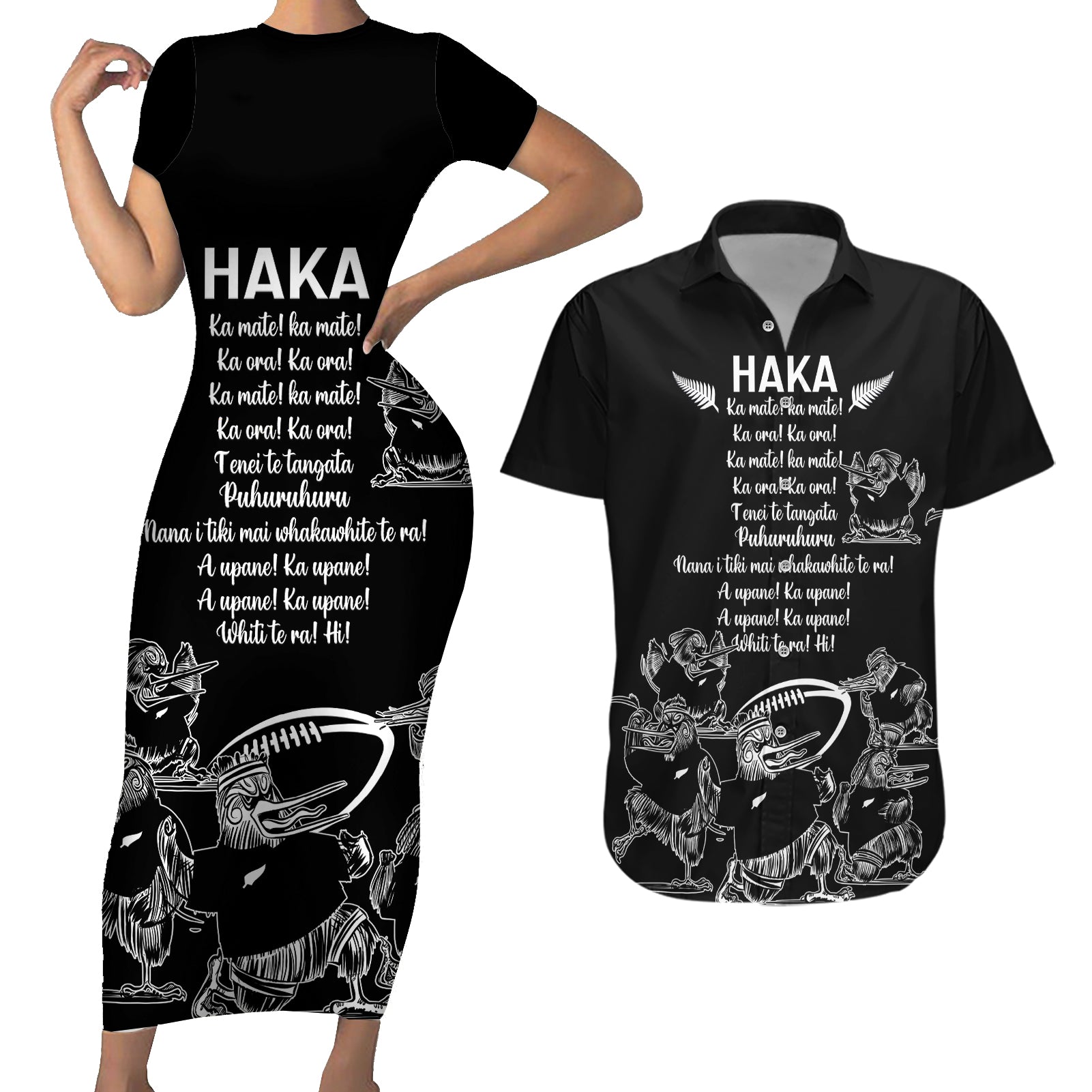 New Zealand Silver Fern Rugby Couples Matching Short Sleeve Bodycon Dress and Hawaiian Shirt Haka Aotearoa Kiwi Dance - Wonder Print Shop