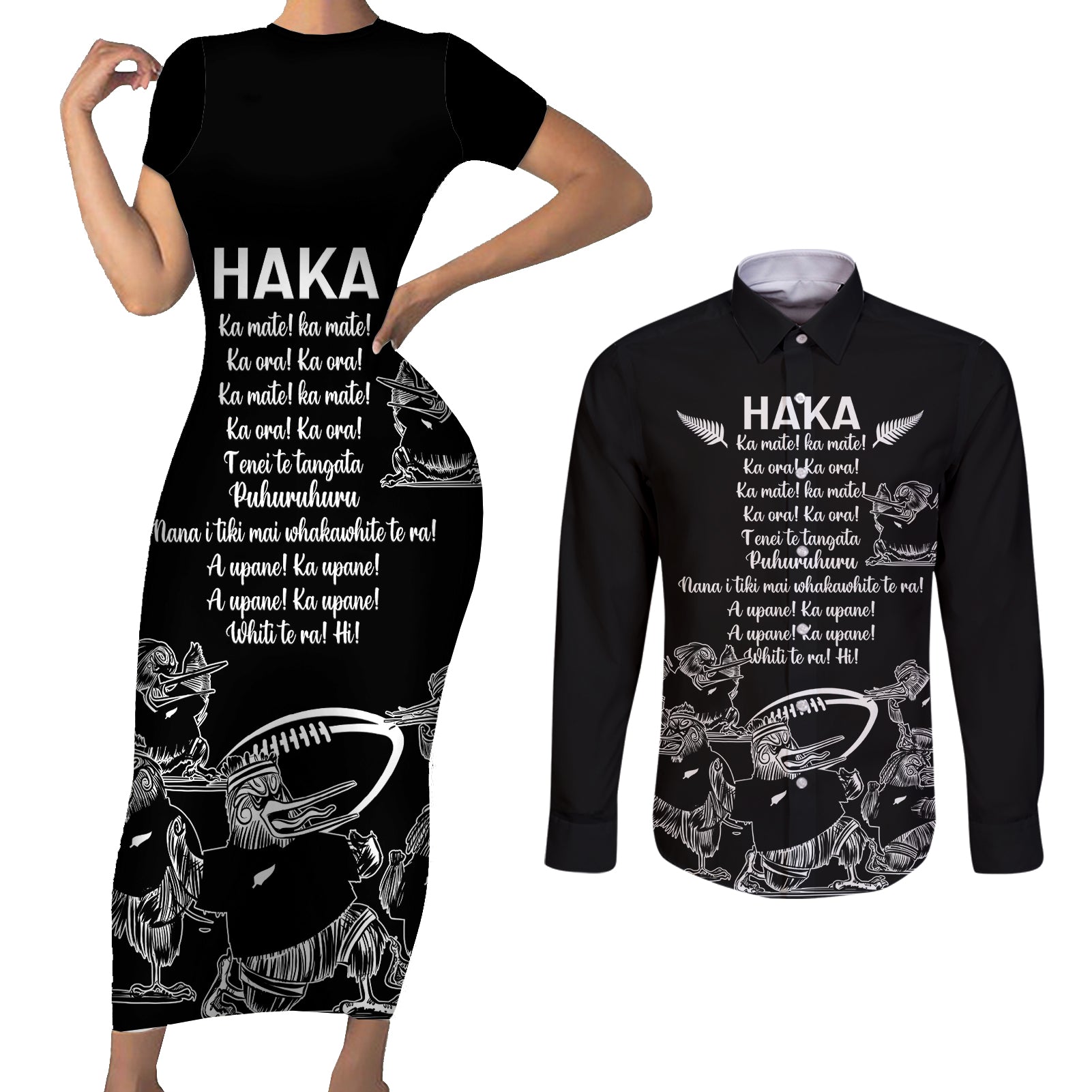 New Zealand Silver Fern Rugby Couples Matching Short Sleeve Bodycon Dress and Long Sleeve Button Shirt Haka Aotearoa Kiwi Dance - Wonder Print Shop