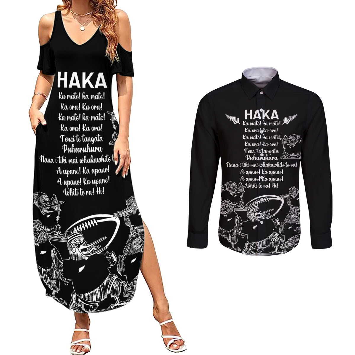 New Zealand Silver Fern Rugby Couples Matching Summer Maxi Dress and Long Sleeve Button Shirt Haka Aotearoa Kiwi Dance - Wonder Print Shop