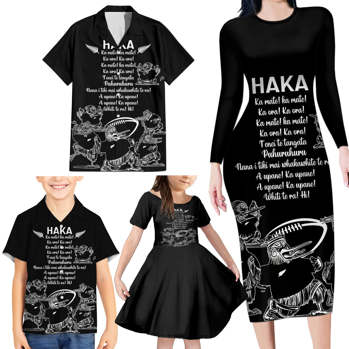 New Zealand Silver Fern Rugby Family Matching Long Sleeve Bodycon Dress and Hawaiian Shirt Haka Aotearoa Kiwi Dance - Wonder Print Shop