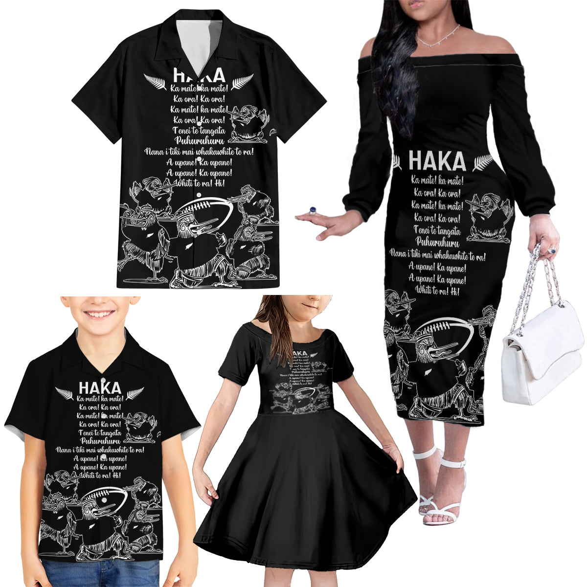 New Zealand Silver Fern Rugby Family Matching Off Shoulder Long Sleeve Dress and Hawaiian Shirt Haka Aotearoa Kiwi Dance - Wonder Print Shop