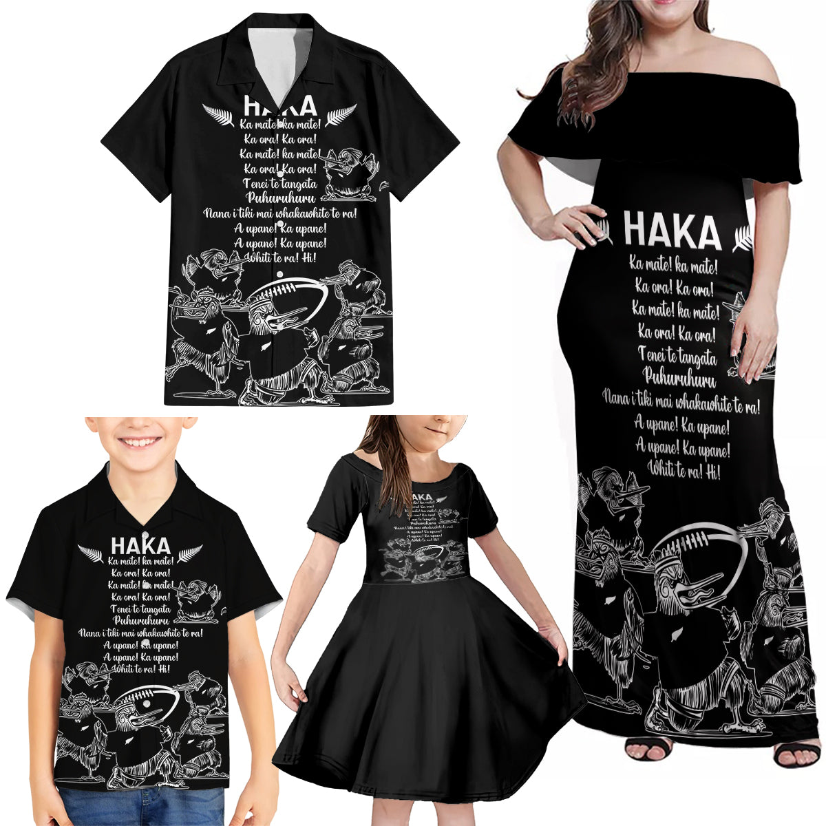 New Zealand Silver Fern Rugby Family Matching Off Shoulder Maxi Dress and Hawaiian Shirt Haka Aotearoa Kiwi Dance - Wonder Print Shop