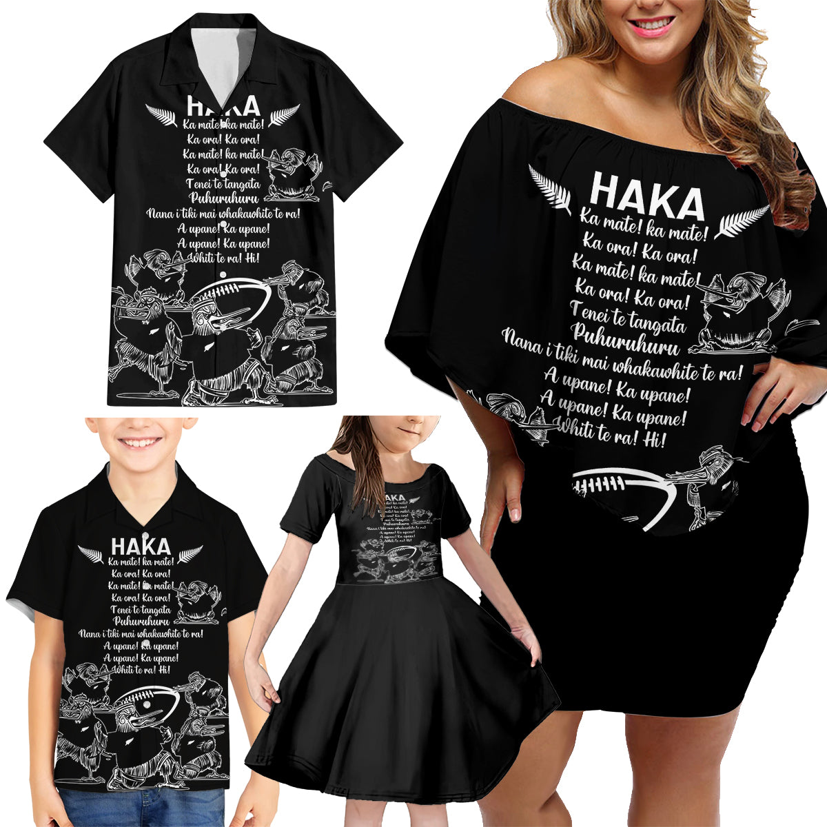 New Zealand Silver Fern Rugby Family Matching Off Shoulder Short Dress and Hawaiian Shirt Haka Aotearoa Kiwi Dance - Wonder Print Shop