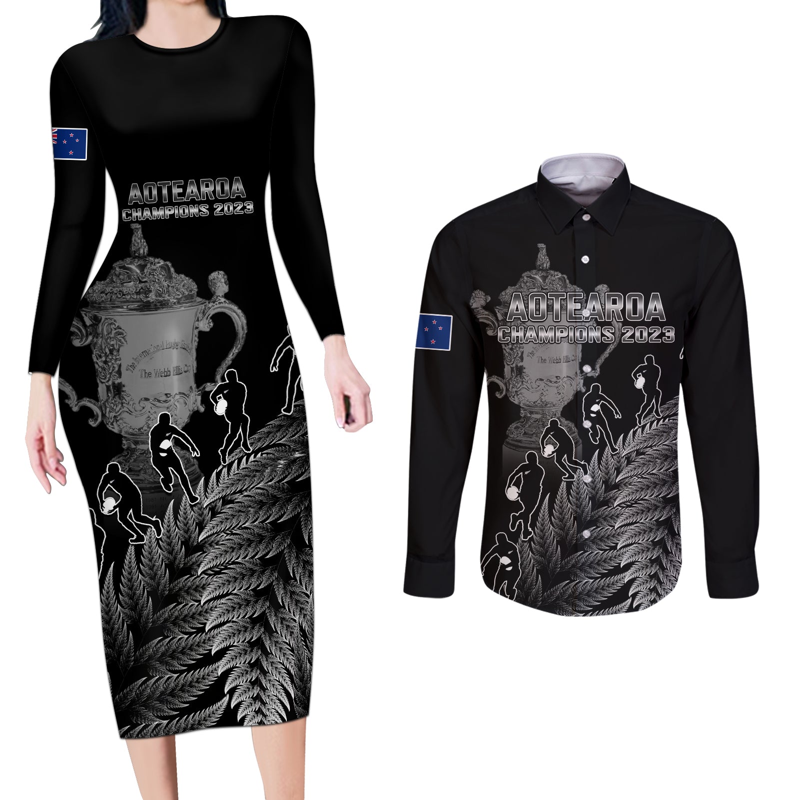 Custom New Zealand Silver Fern Rugby Couples Matching Long Sleeve Bodycon Dress and Long Sleeve Button Shirt All Black Go Champions 2023 With Trophy Proud - Wonder Print Shop