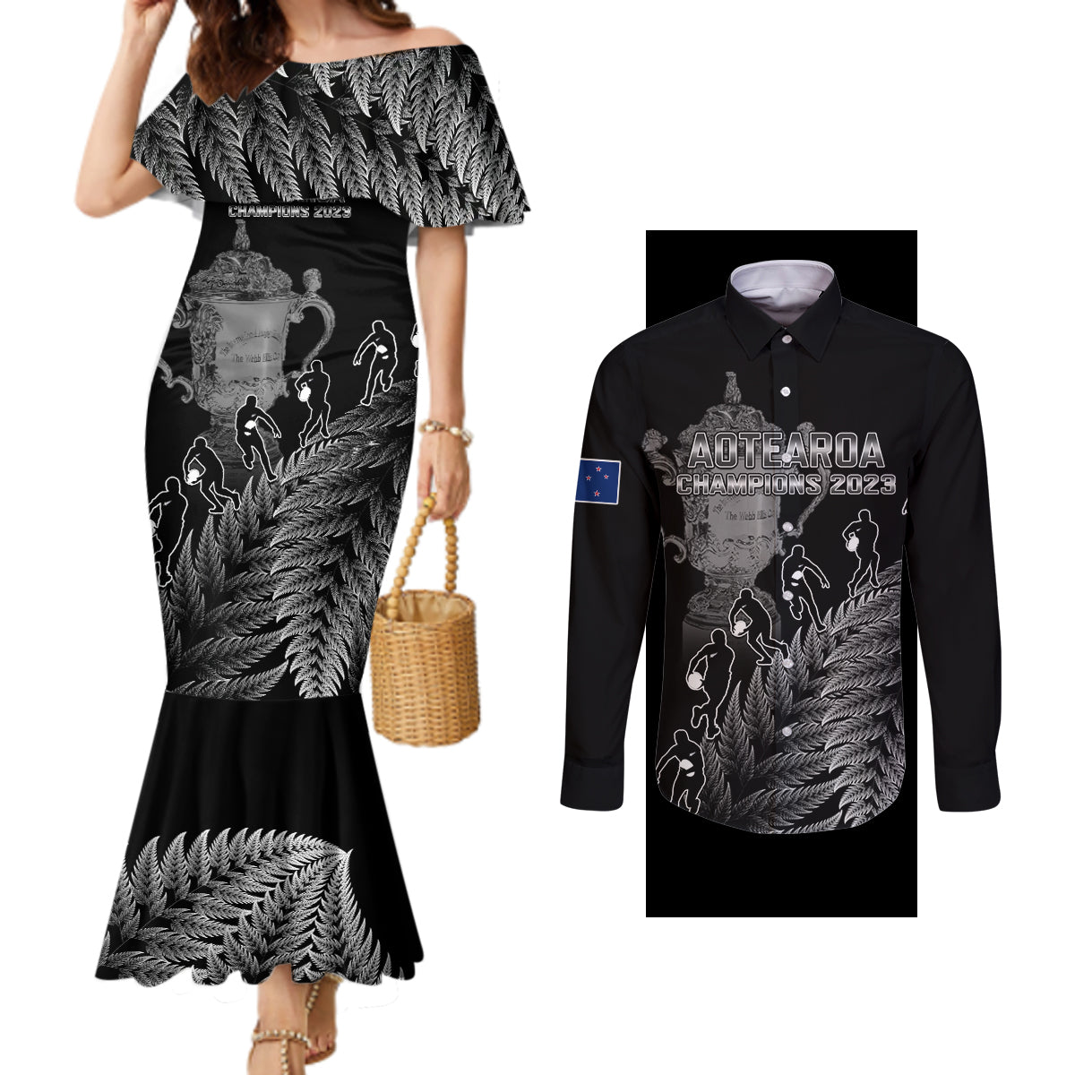 custom-new-zealand-silver-fern-rugby-couples-matching-mermaid-dress-and-long-sleeve-button-shirt-all-black-go-champions-2023-with-trophy-proud