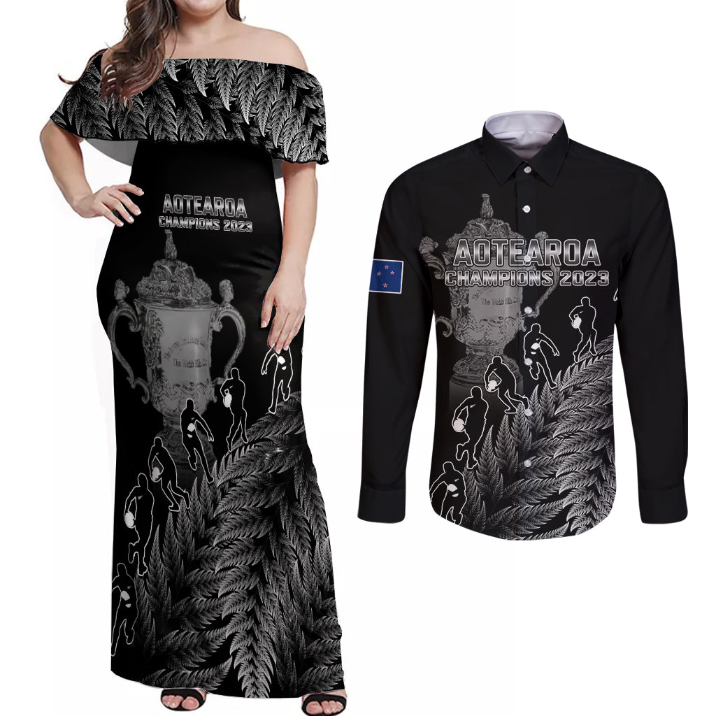 Custom New Zealand Silver Fern Rugby Couples Matching Off Shoulder Maxi Dress and Long Sleeve Button Shirt All Black Go Champions 2023 With Trophy Proud - Wonder Print Shop