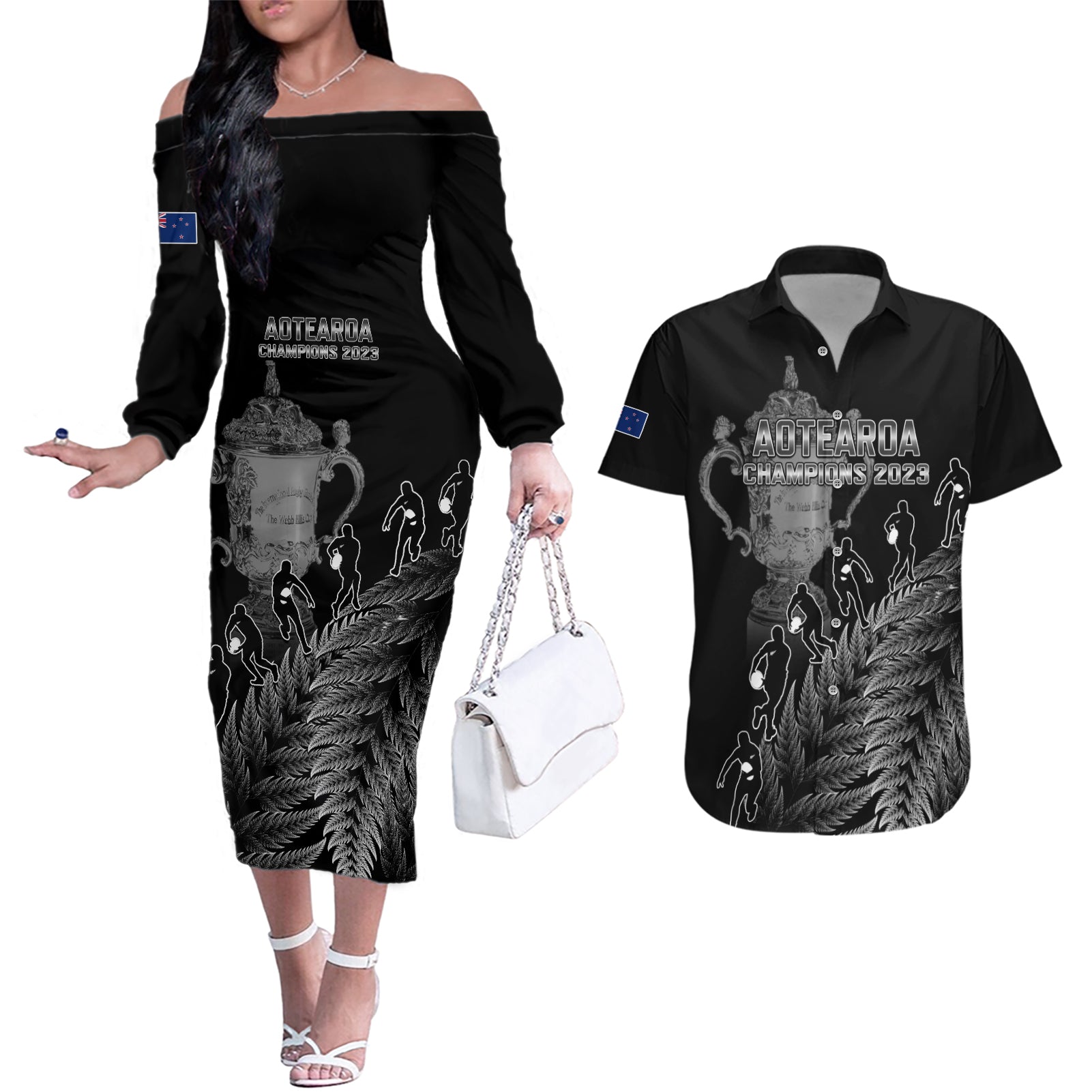 Custom New Zealand Silver Fern Rugby Couples Matching Off The Shoulder Long Sleeve Dress and Hawaiian Shirt All Black Go Champions 2023 With Trophy Proud - Wonder Print Shop