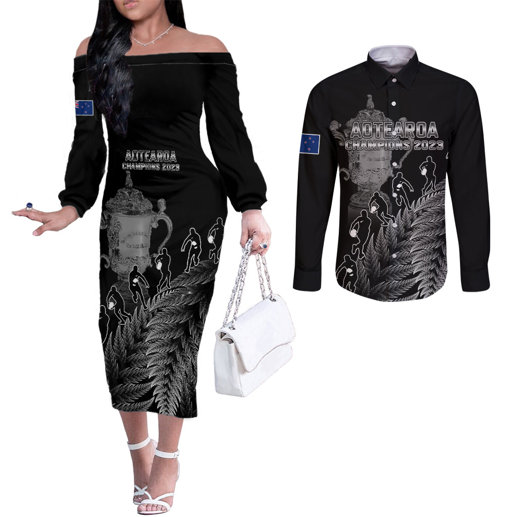 custom-new-zealand-silver-fern-rugby-couples-matching-off-the-shoulder-long-sleeve-dress-and-long-sleeve-button-shirt-all-black-go-champions-2023-with-trophy-proud