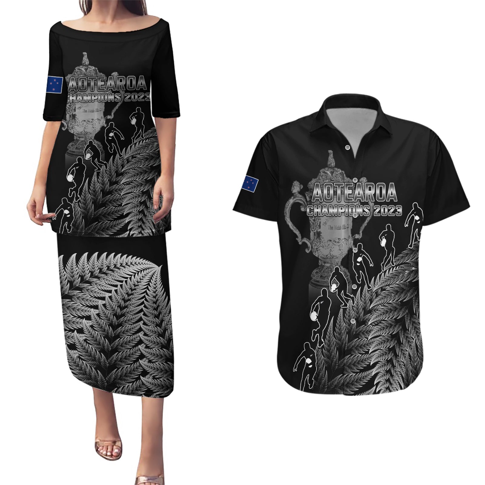 Custom New Zealand Silver Fern Rugby Couples Matching Puletasi Dress and Hawaiian Shirt All Black Go Champions 2023 With Trophy Proud - Wonder Print Shop