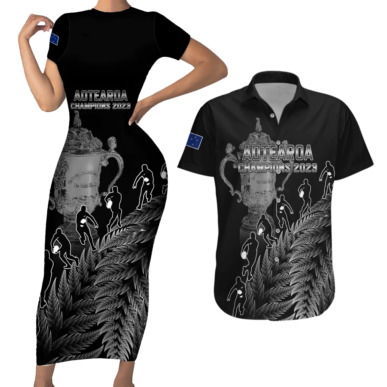 Custom New Zealand Silver Fern Rugby Couples Matching Short Sleeve Bodycon Dress and Hawaiian Shirt All Black Go Champions 2023 With Trophy Proud - Wonder Print Shop