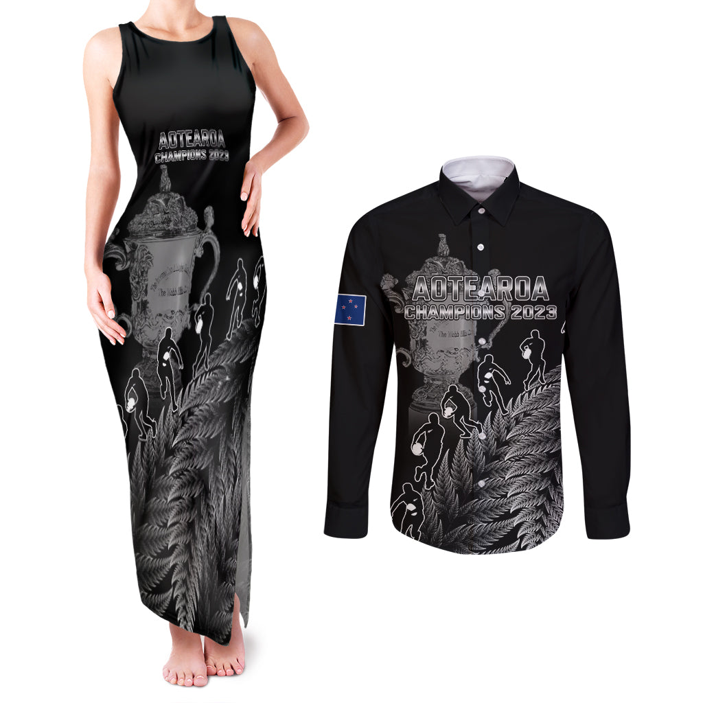 Custom New Zealand Silver Fern Rugby Couples Matching Tank Maxi Dress and Long Sleeve Button Shirt All Black Go Champions 2023 With Trophy Proud - Wonder Print Shop