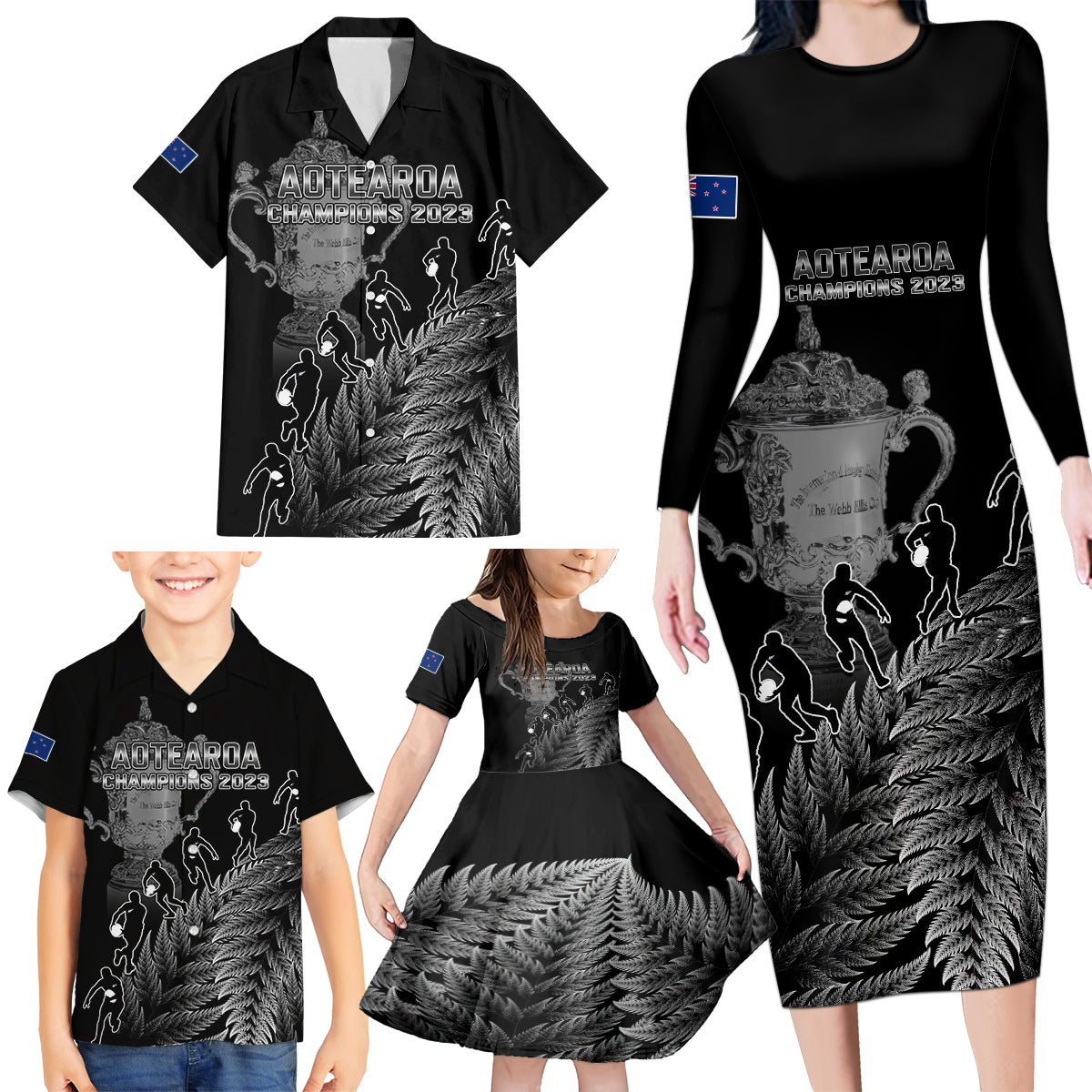 Custom New Zealand Silver Fern Rugby Family Matching Long Sleeve Bodycon Dress and Hawaiian Shirt All Black Go Champions 2023 With Trophy Proud - Wonder Print Shop