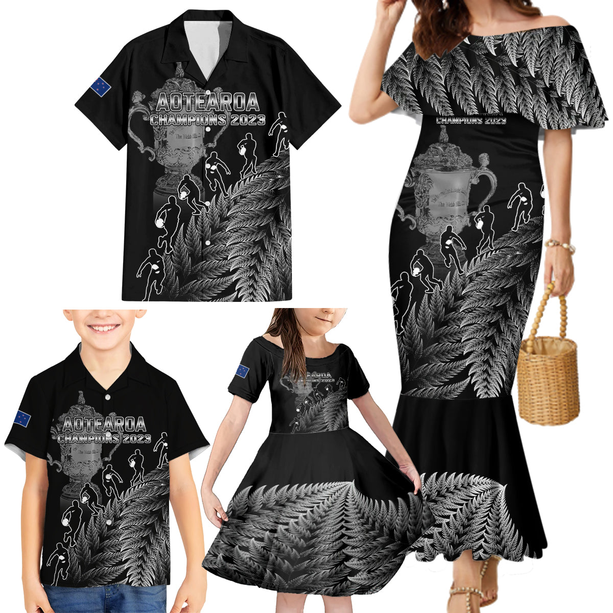 Custom New Zealand Silver Fern Rugby Family Matching Mermaid Dress and Hawaiian Shirt All Black Go Champions 2023 With Trophy Proud - Wonder Print Shop