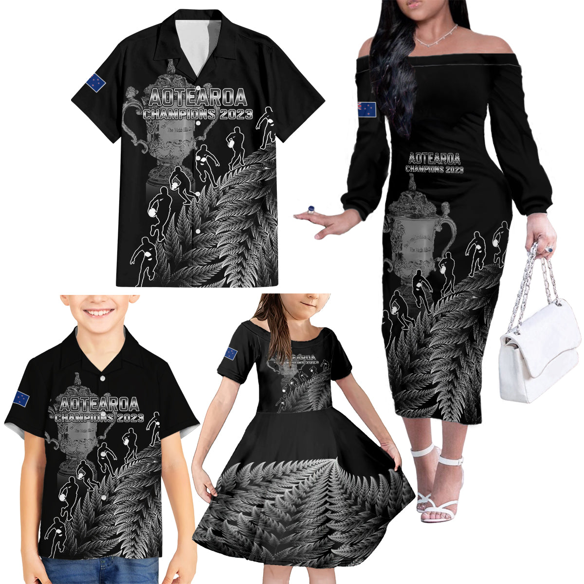 Custom New Zealand Silver Fern Rugby Family Matching Off Shoulder Long Sleeve Dress and Hawaiian Shirt All Black Go Champions 2023 With Trophy Proud - Wonder Print Shop