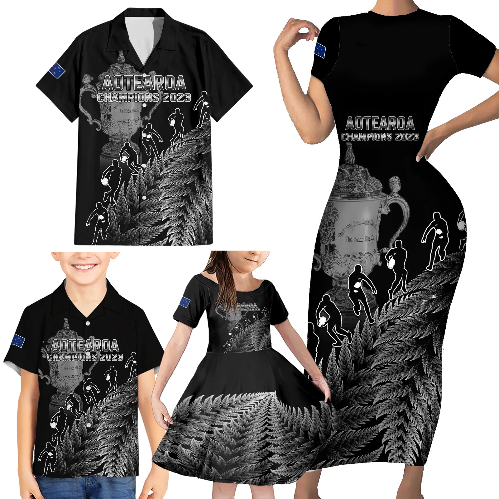 Custom New Zealand Silver Fern Rugby Family Matching Short Sleeve Bodycon Dress and Hawaiian Shirt All Black Go Champions 2023 With Trophy Proud - Wonder Print Shop