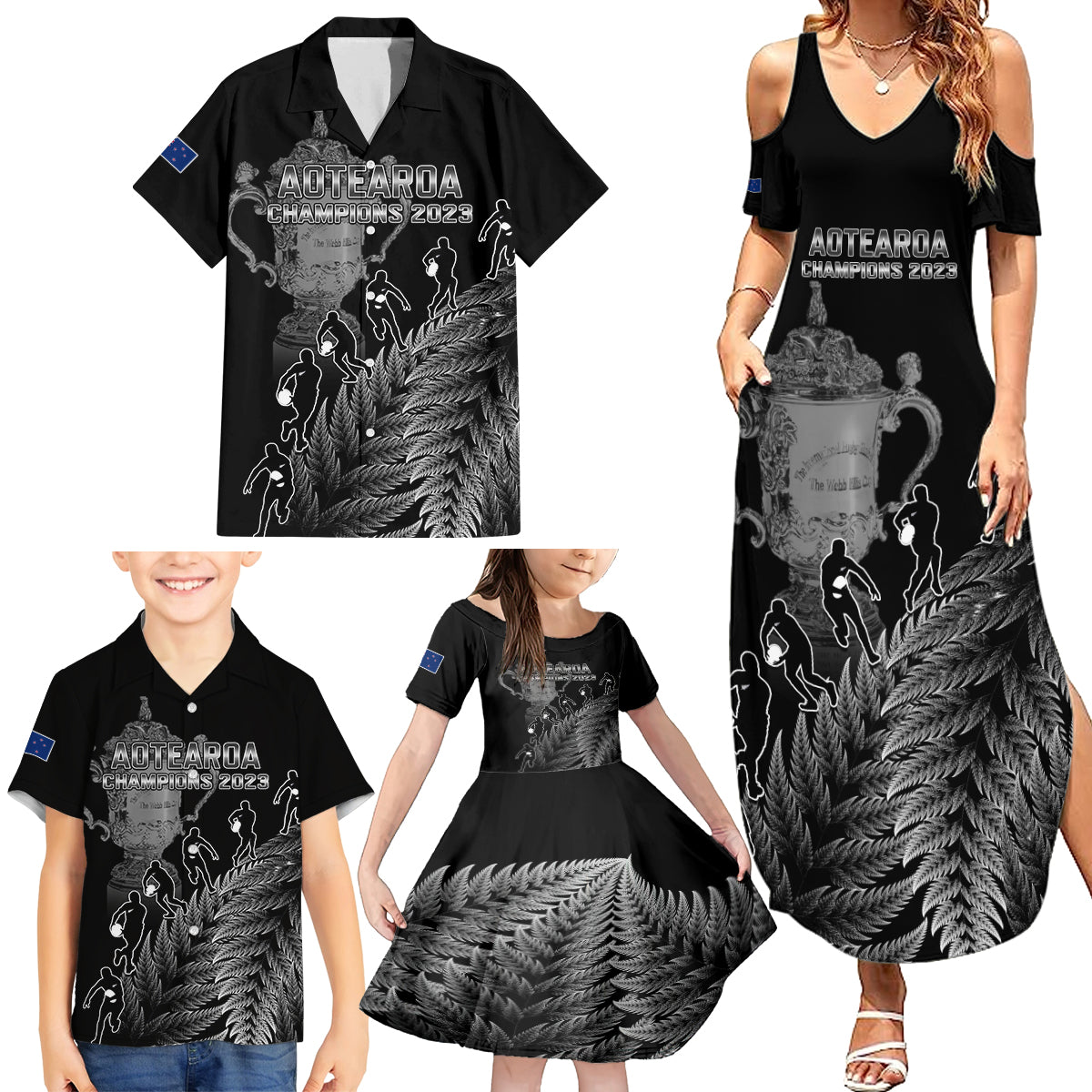 Custom New Zealand Silver Fern Rugby Family Matching Summer Maxi Dress and Hawaiian Shirt All Black Go Champions 2023 With Trophy Proud - Wonder Print Shop